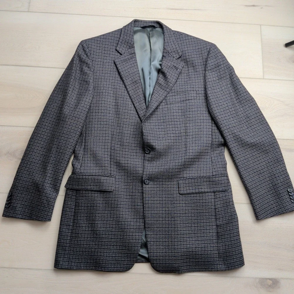 Burberry Houndstooth Check Blazer Sport Coat Mens 42L Grey Blue Brown Wool